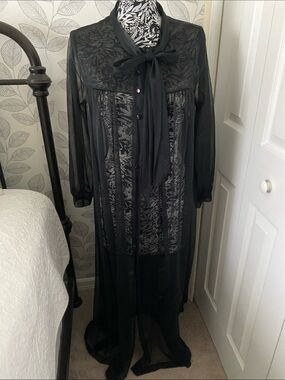 Vintage Komar sheer black long sleeve robe with button front & tie detail